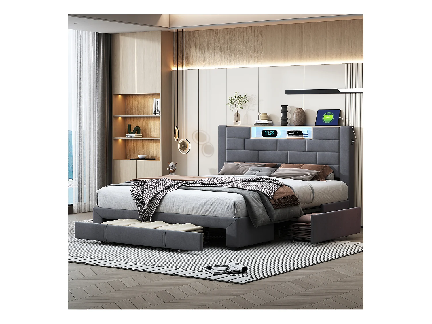 Lit coffre 140x200 cm en velours gris avec vérins hydrauliques, tête de lit LED 7 couleurs, ports USB & Type-C intégrés et tiroirs de rangement