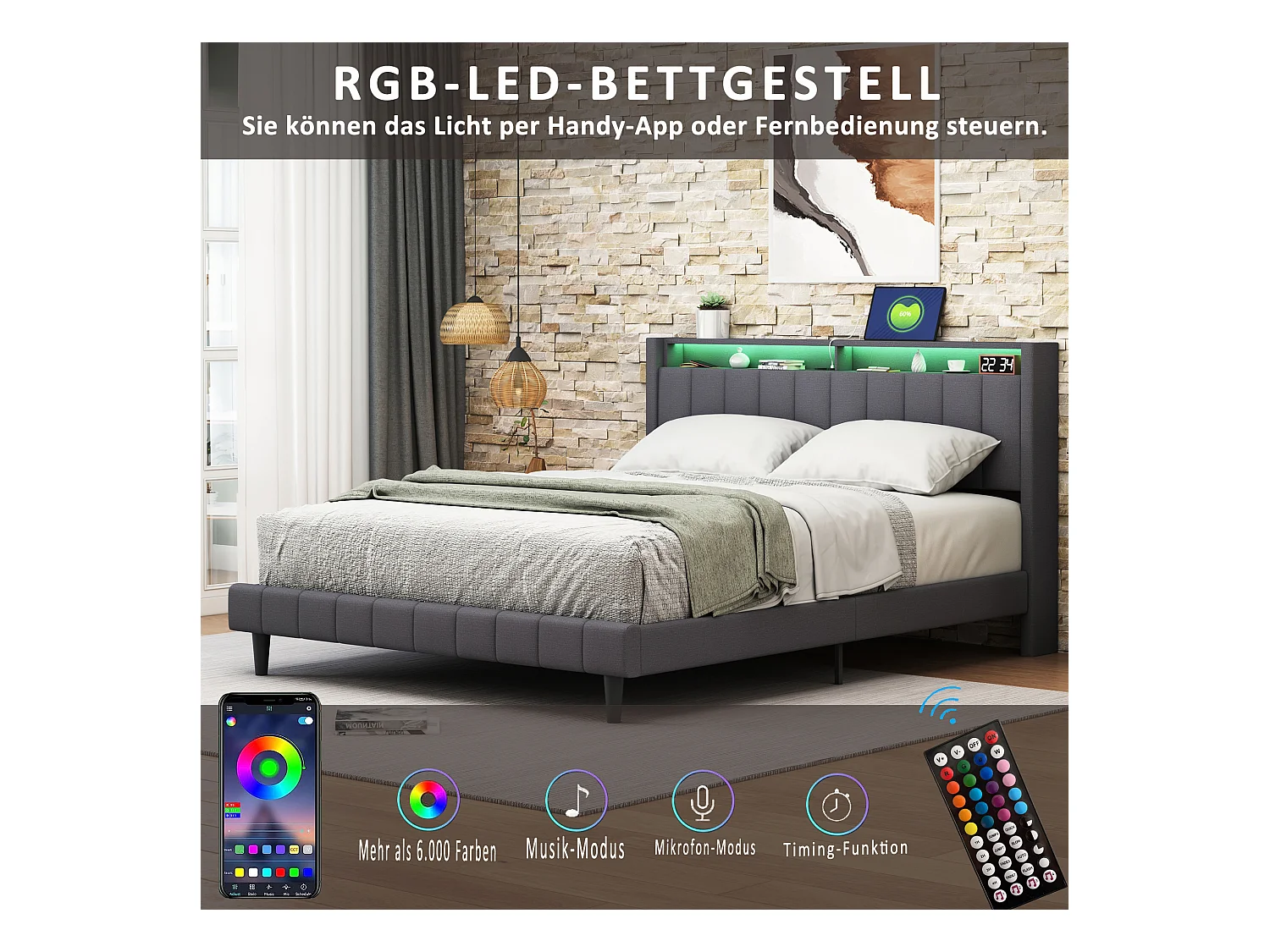 Cama con almacenaje de 160x200 cm en lino gris con cabecero LED, tomas USB y Tipo C integradas y gran espacio de almacenaje.