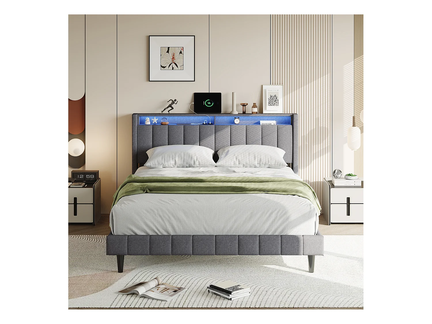 Cama de arrumação 160x200 cm em linho cinzento com cabeceira LED, tomadas USB e Tipo C integradas e amplo espaço de arrumação