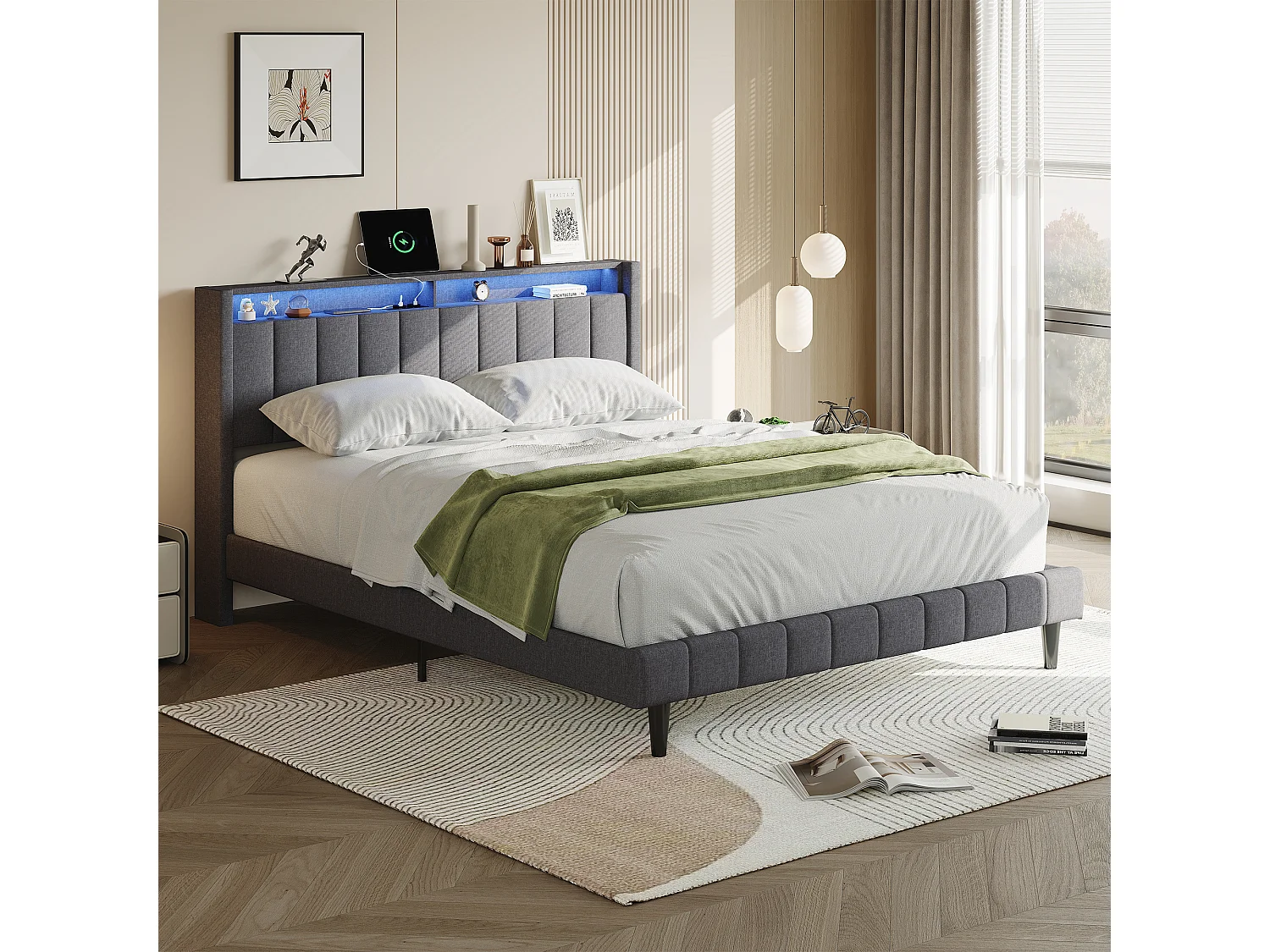 Lit coffre 160x200 cm en lin gris avec tête de lit LED, prises USB & Type-C intégrées et grand espace de rangement