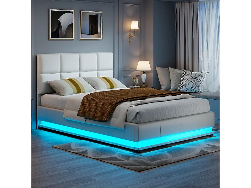Lit coffre hydraulique LED 140x200 cm en similicuir blanc avec télécommande – Lit moderne avec rangement, structure métallique robuste, facile à monter