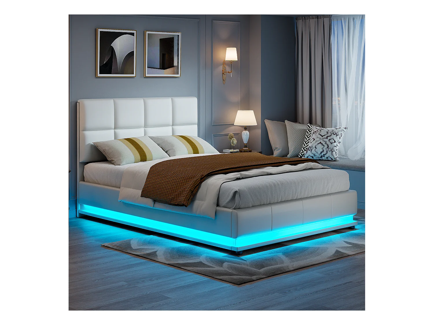 Cama hidráulica com LED 140x200 cm em imitação de pele branca com comando à distância - Cama moderna com arrumação, estrutura metálica robusta, fácil de montar