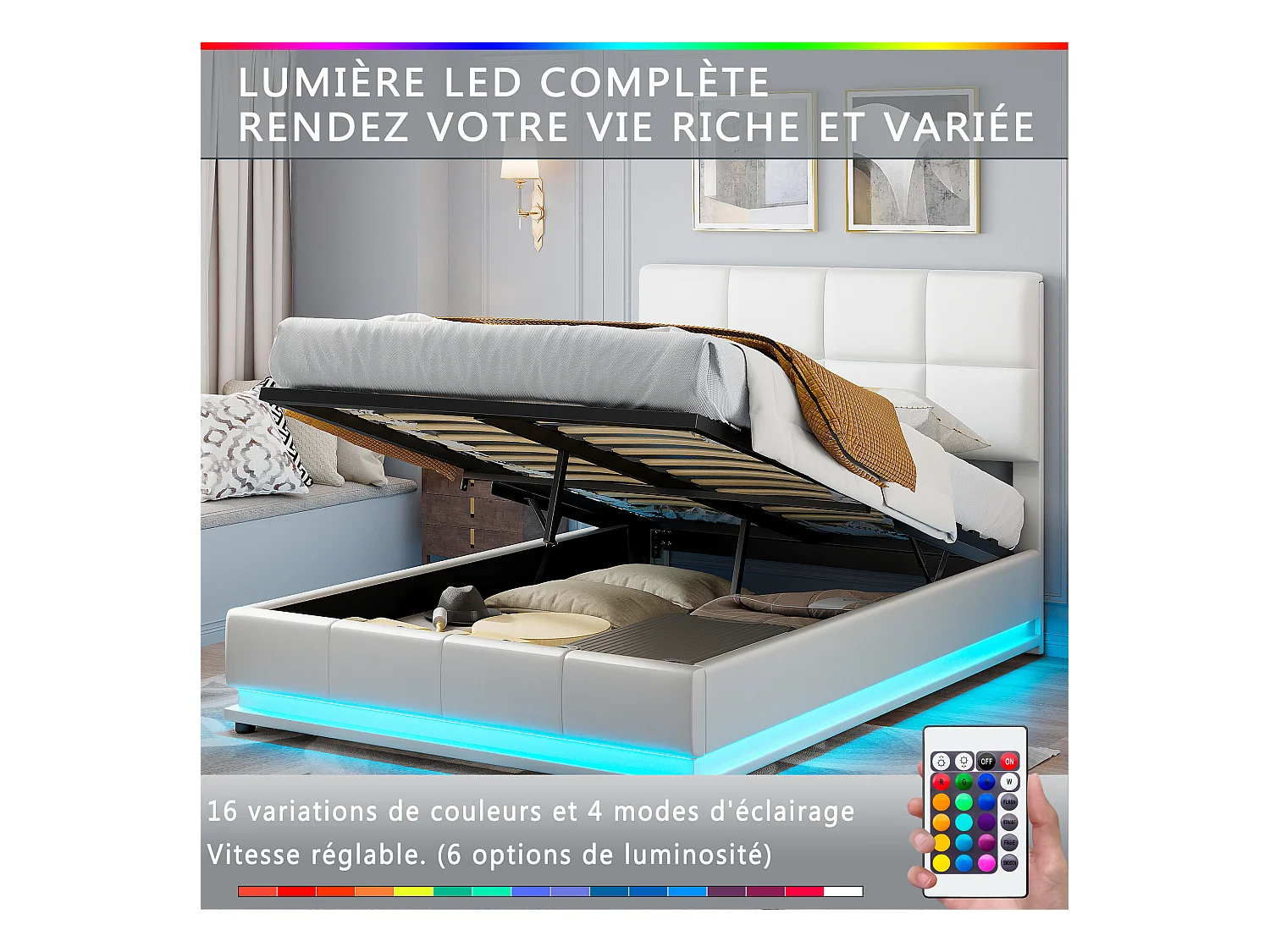 Lit coffre hydraulique LED 140x200 cm en similicuir blanc avec télécommande – Lit moderne avec rangement, structure métallique robuste, facile à monter