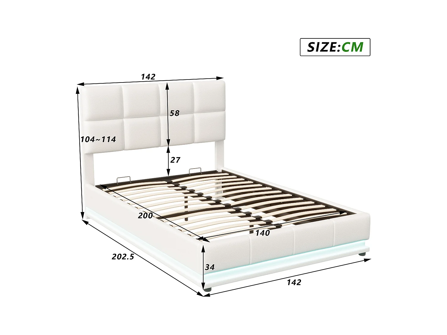 Lit coffre hydraulique LED 140x200 cm en similicuir blanc avec télécommande – Lit moderne avec rangement, structure métallique robuste, facile à monter
