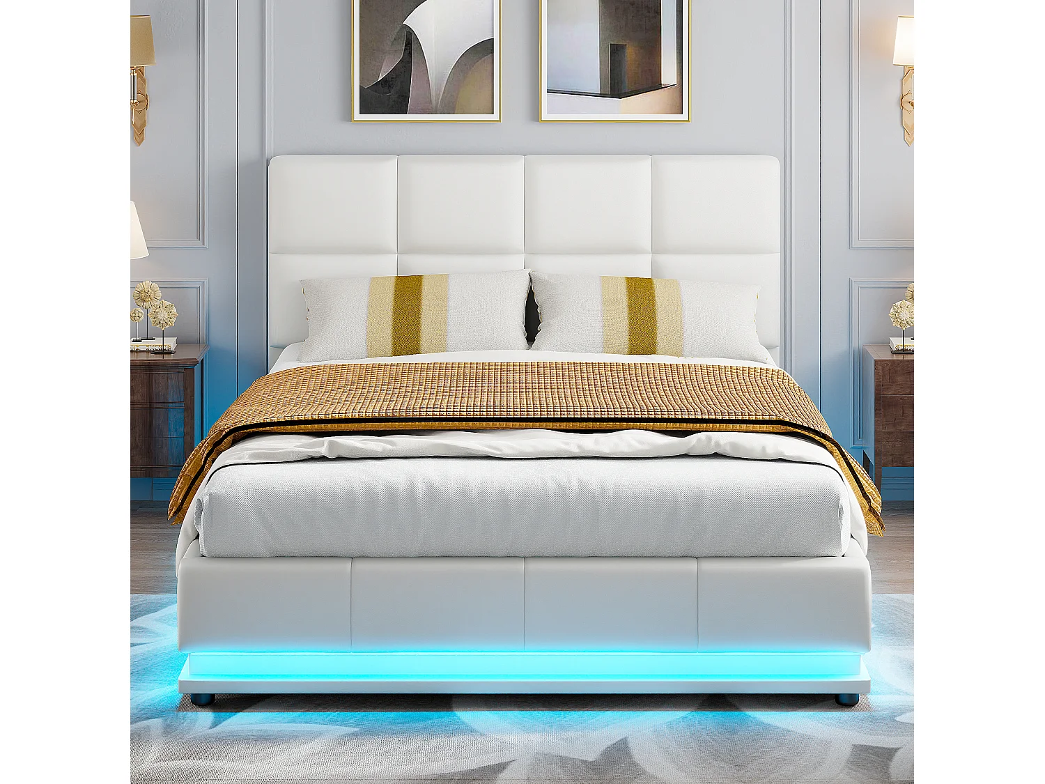 Lit coffre hydraulique LED 140x200 cm en similicuir blanc avec télécommande – Lit moderne avec rangement, structure métallique robuste, facile à monter