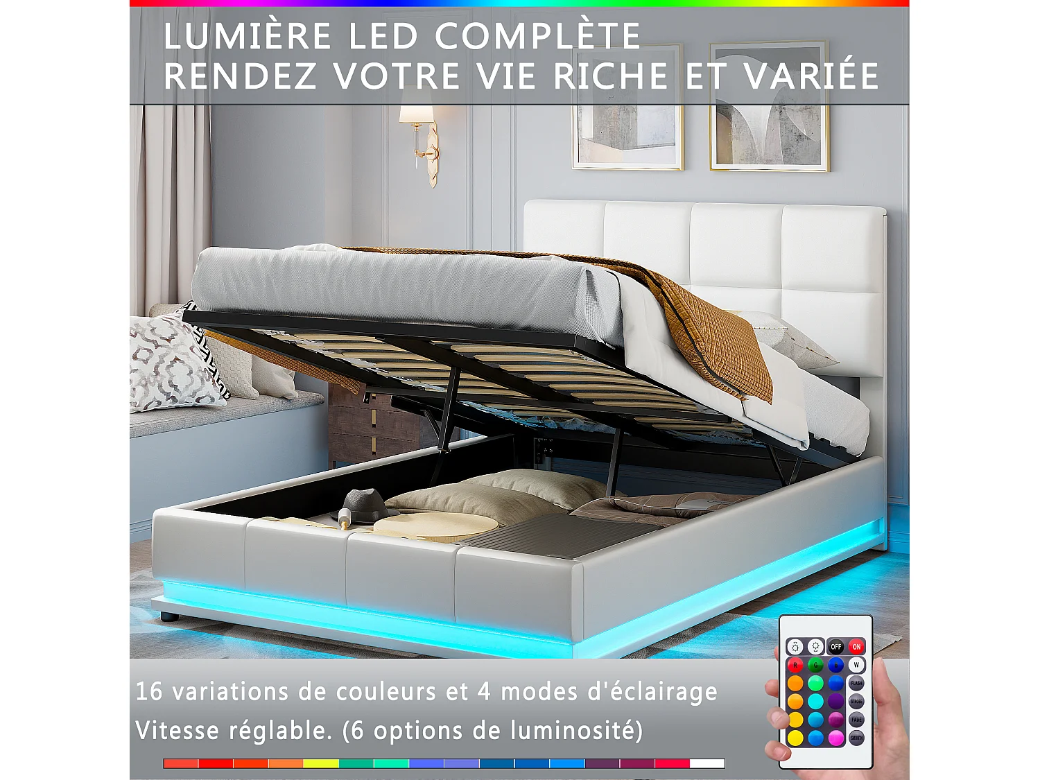 Lit coffre hydraulique LED 140x200 cm en similicuir blanc avec télécommande – Lit moderne avec rangement, structure métallique robuste, facile à monter