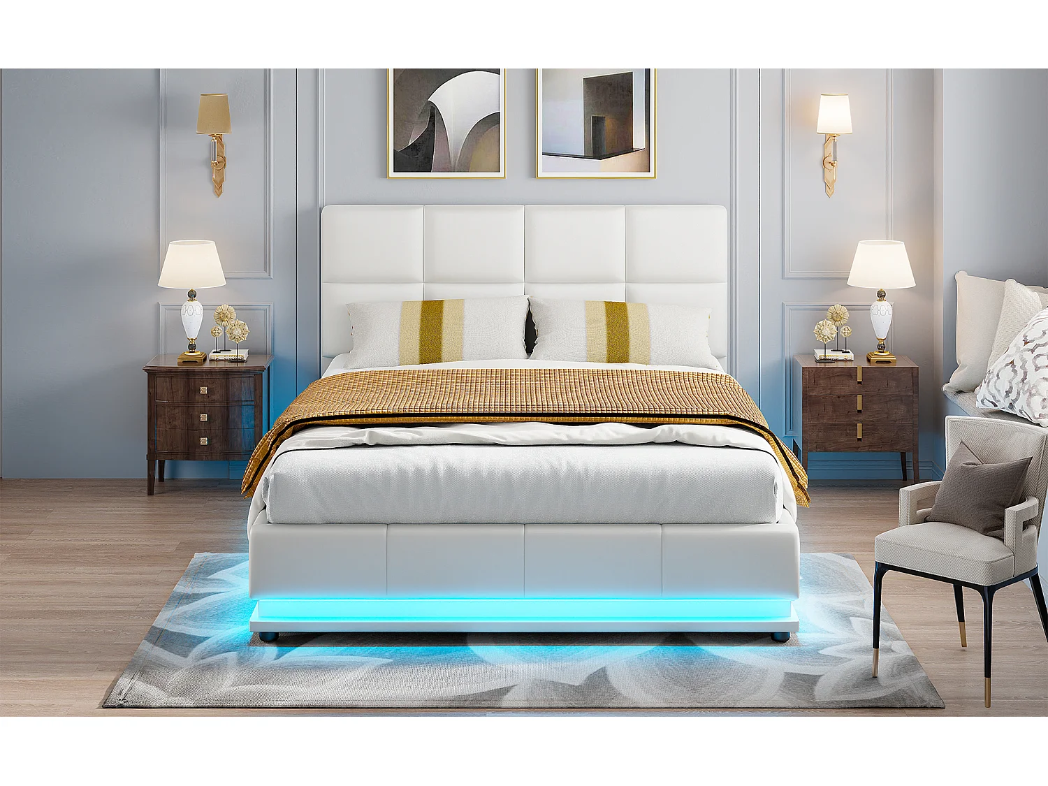 Lit coffre hydraulique LED 140x200 cm en similicuir blanc avec télécommande – Lit moderne avec rangement, structure métallique robuste, facile à monter