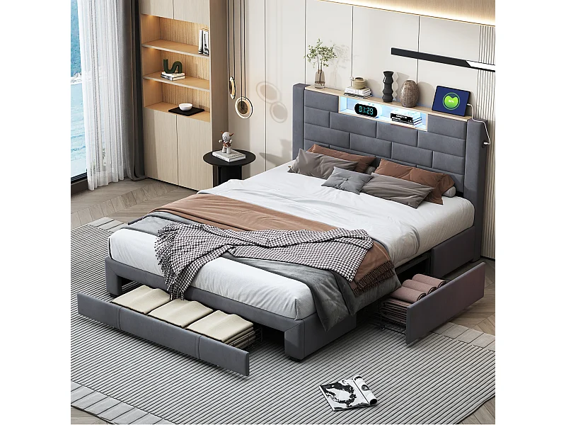Letto contenitore in velluto grigio 160x200 cm con martinetti idraulici, testiera LED a 7 colori, porte USB e Type-C integrate e cassetti portaoggetti