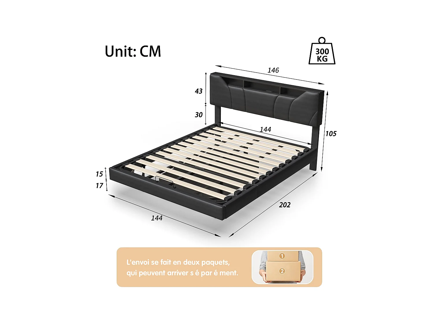 Cama de tela negra de 140x200 cm con canapé, gatos hidráulicos, tira LED en cabecero y estructura, enchufe integrado - Cama moderna con cargador UE