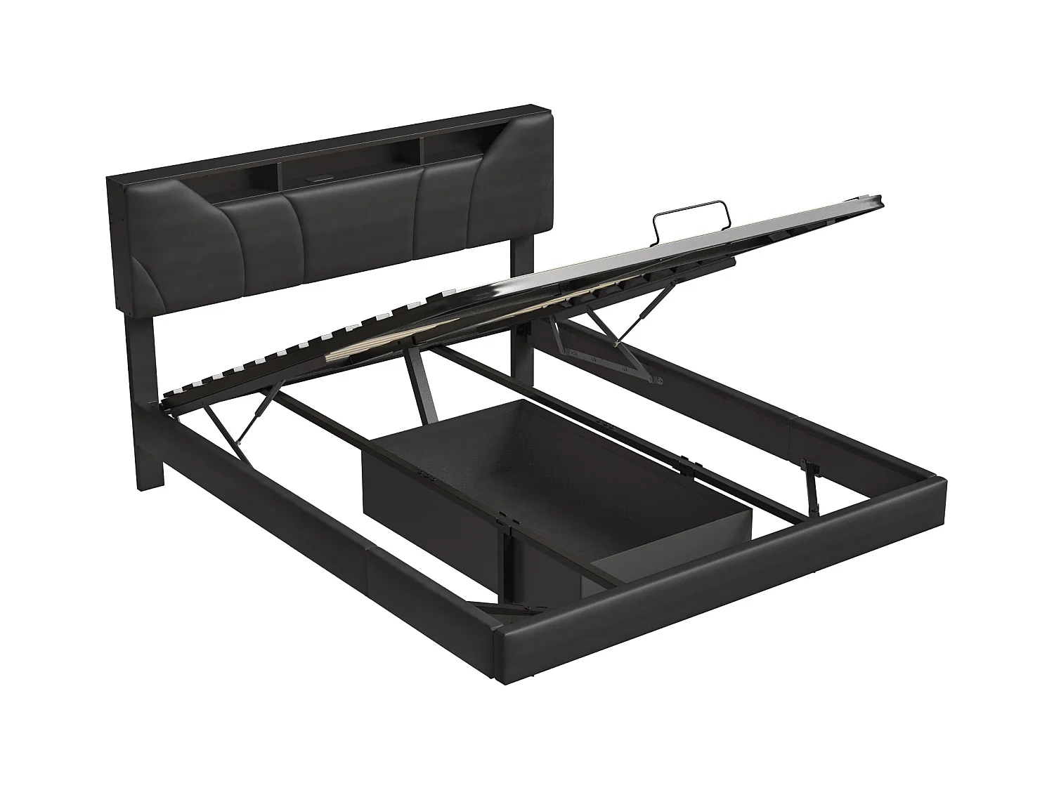 Cama de tela negra de 140x200 cm con canapé, gatos hidráulicos, tira LED en cabecero y estructura, enchufe integrado - Cama moderna con cargador UE