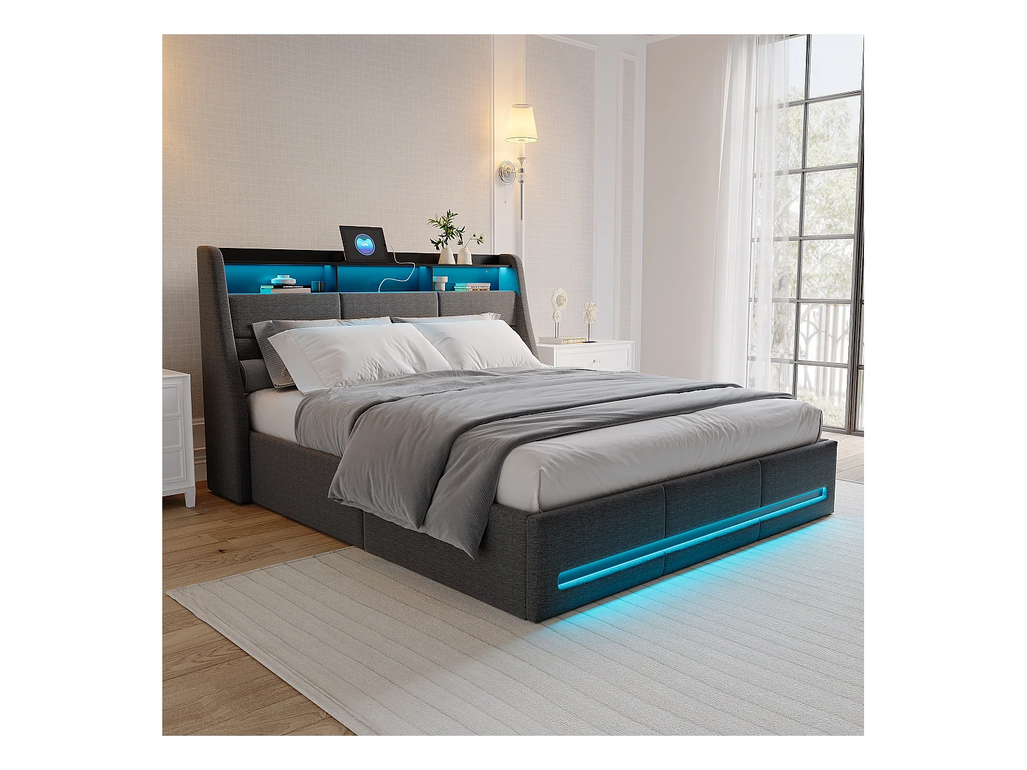 Lit coffre 140x190 cm tissu gris, rangement hydraulique, LED multicolore télécommande & app, tête de lit avec prise et espace de rangement