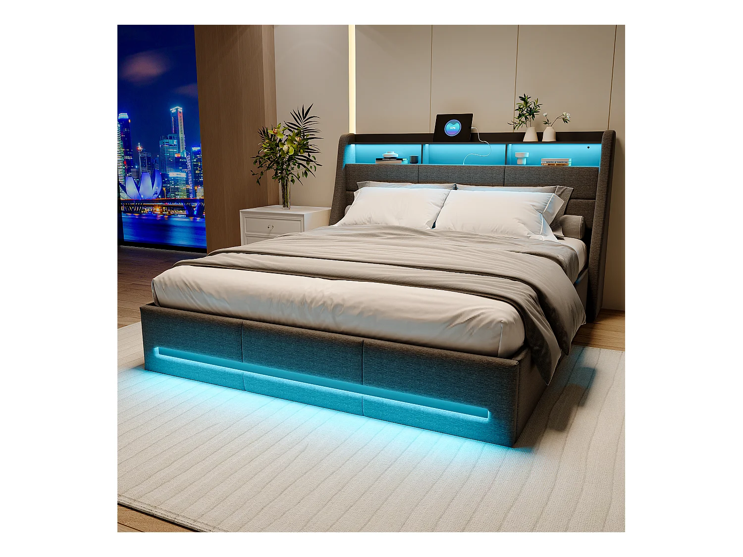 Lit coffre 140x190 cm tissu gris, rangement hydraulique, LED multicolore télécommande & app, tête de lit avec prise et espace de rangement