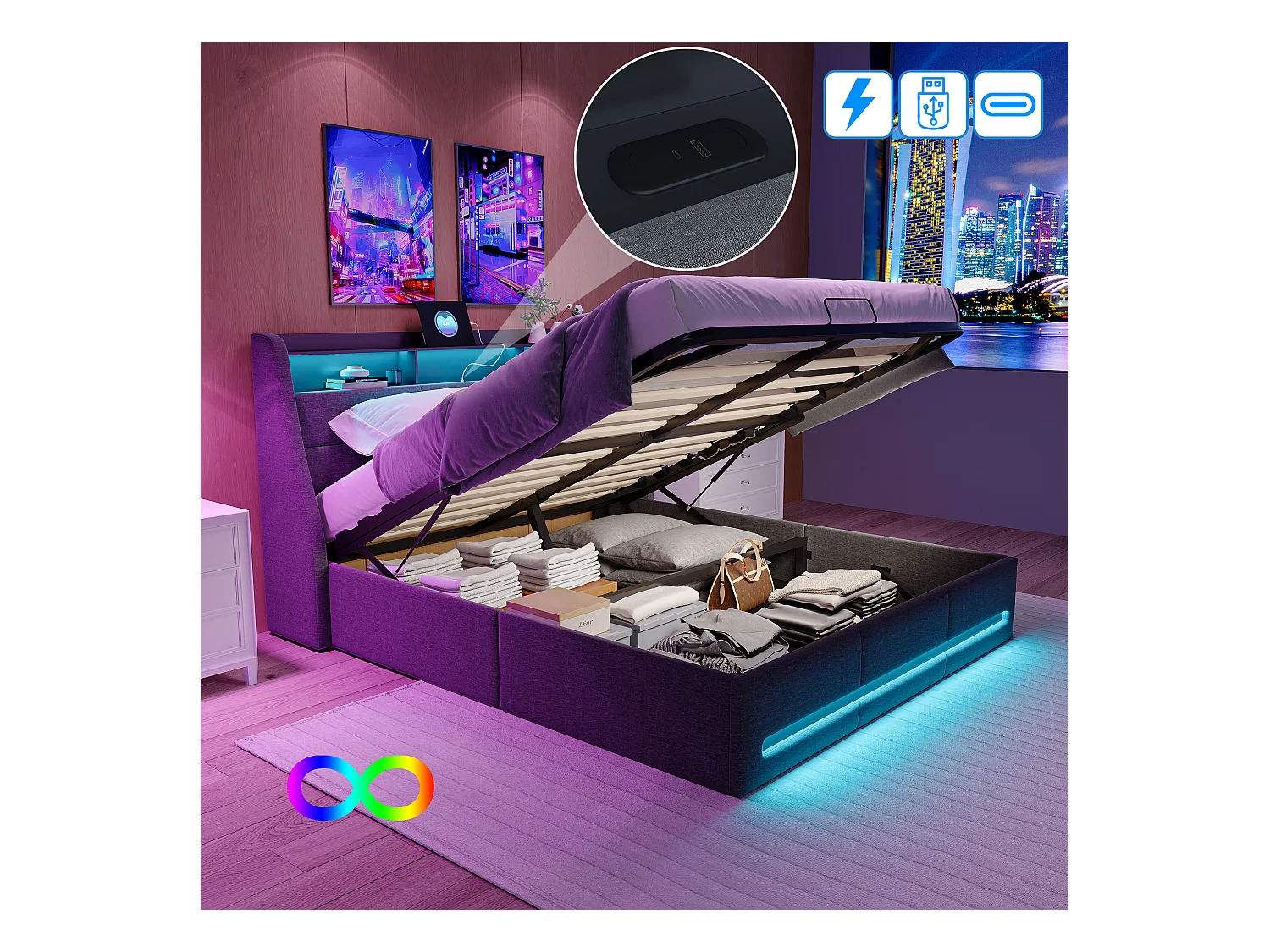 Lit coffre 140x190 cm tissu gris, rangement hydraulique, LED multicolore télécommande & app, tête de lit avec prise et espace de rangement