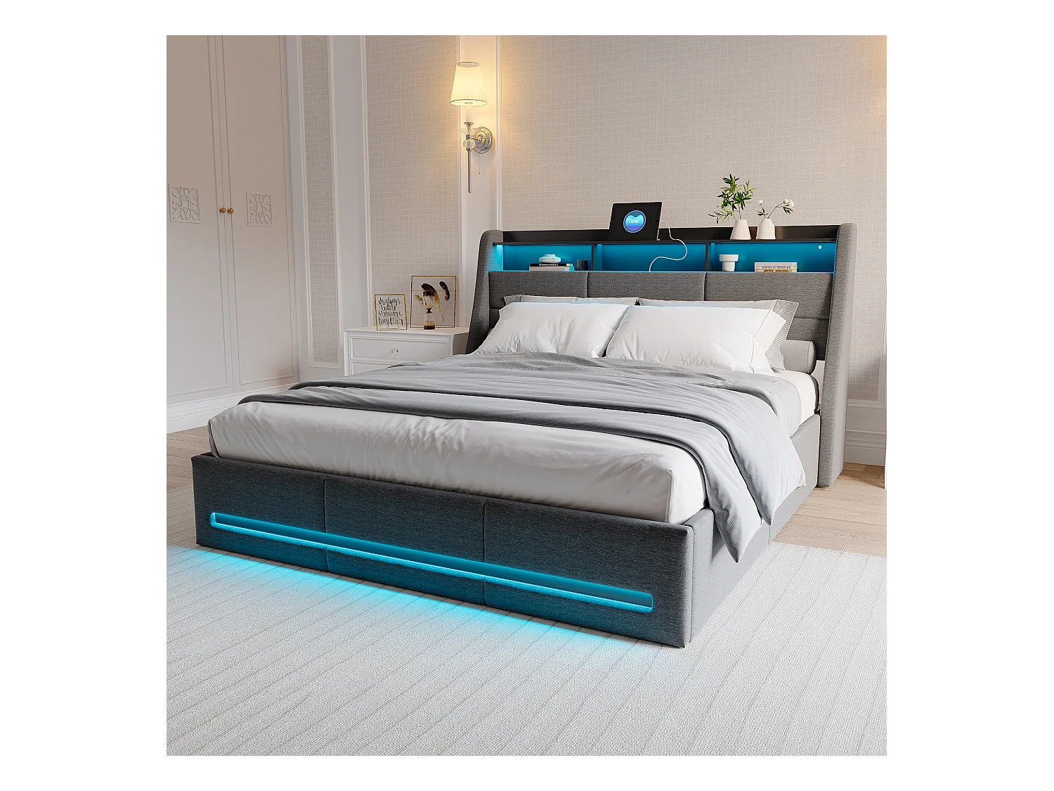Lit coffre 140x190 cm tissu gris, rangement hydraulique, LED multicolore télécommande & app, tête de lit avec prise et espace de rangement
