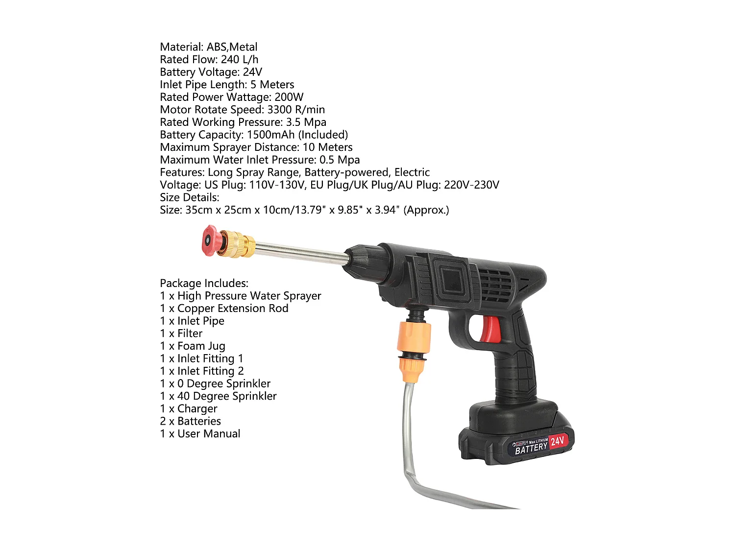 Nettoyeur haute pression sans fil, buse multifonction, moteur en cuivre alimenté par batterie, 24 V 200W