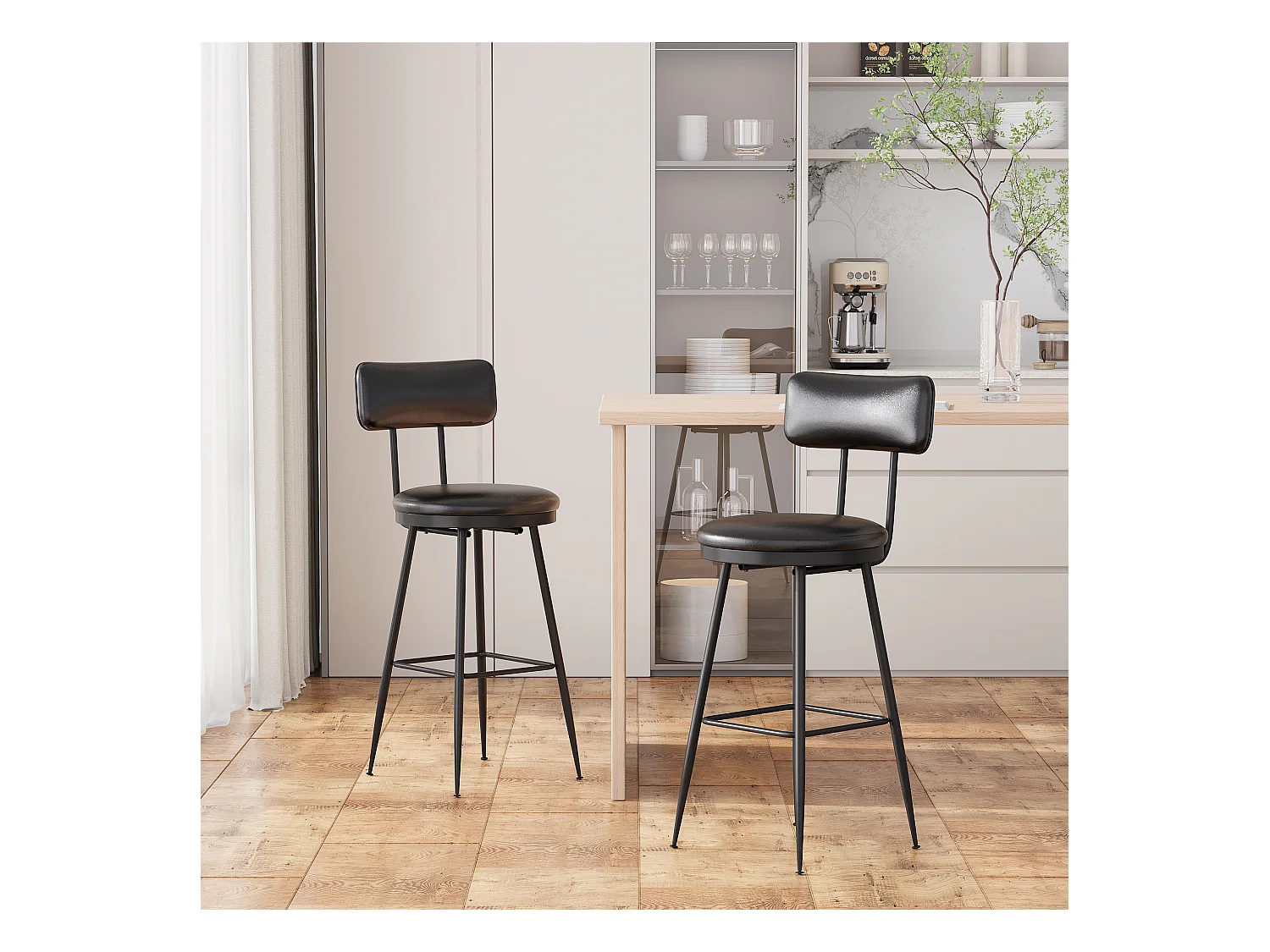 Set van 2 moderne zwarte kunstleren barkrukken, minimalistisch design met rugleuning, stevig metalen frame, comfortabel en gemakkelijk schoon te maken