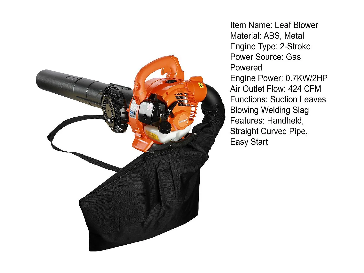 Souffleur aspirateur thermique portatif à 2 temps,avec tuyau de soufflage droit et courbé, orange