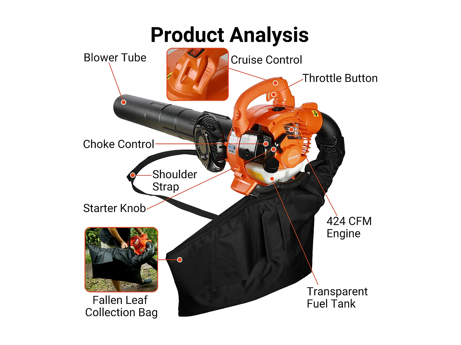 Souffleur aspirateur thermique portatif à 2 temps,avec tuyau de soufflage droit et courbé, orange