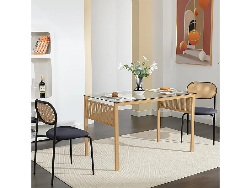 Set di 2 sedie da pranzo in rattan nero e legno naturale, struttura in metallo nero con seduta imbottita