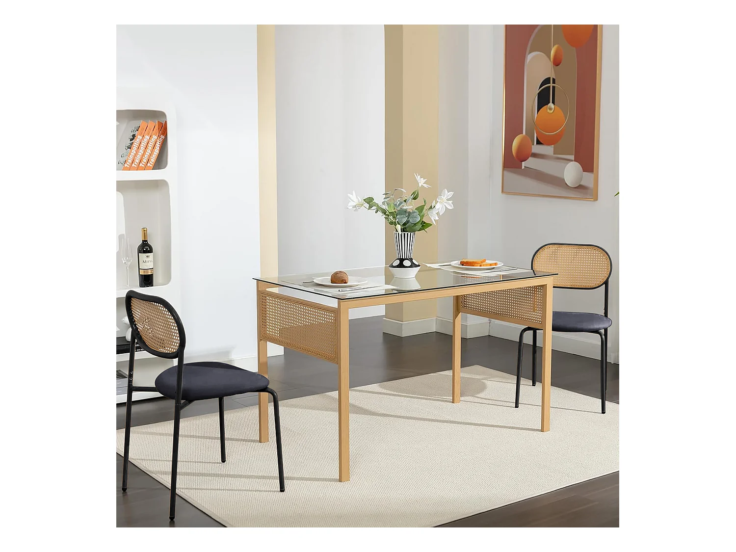 Lot de 2 chaises de salle à manger style rotin noir et couleur bois naturel, structure en métal noir avec assise rembourrée
