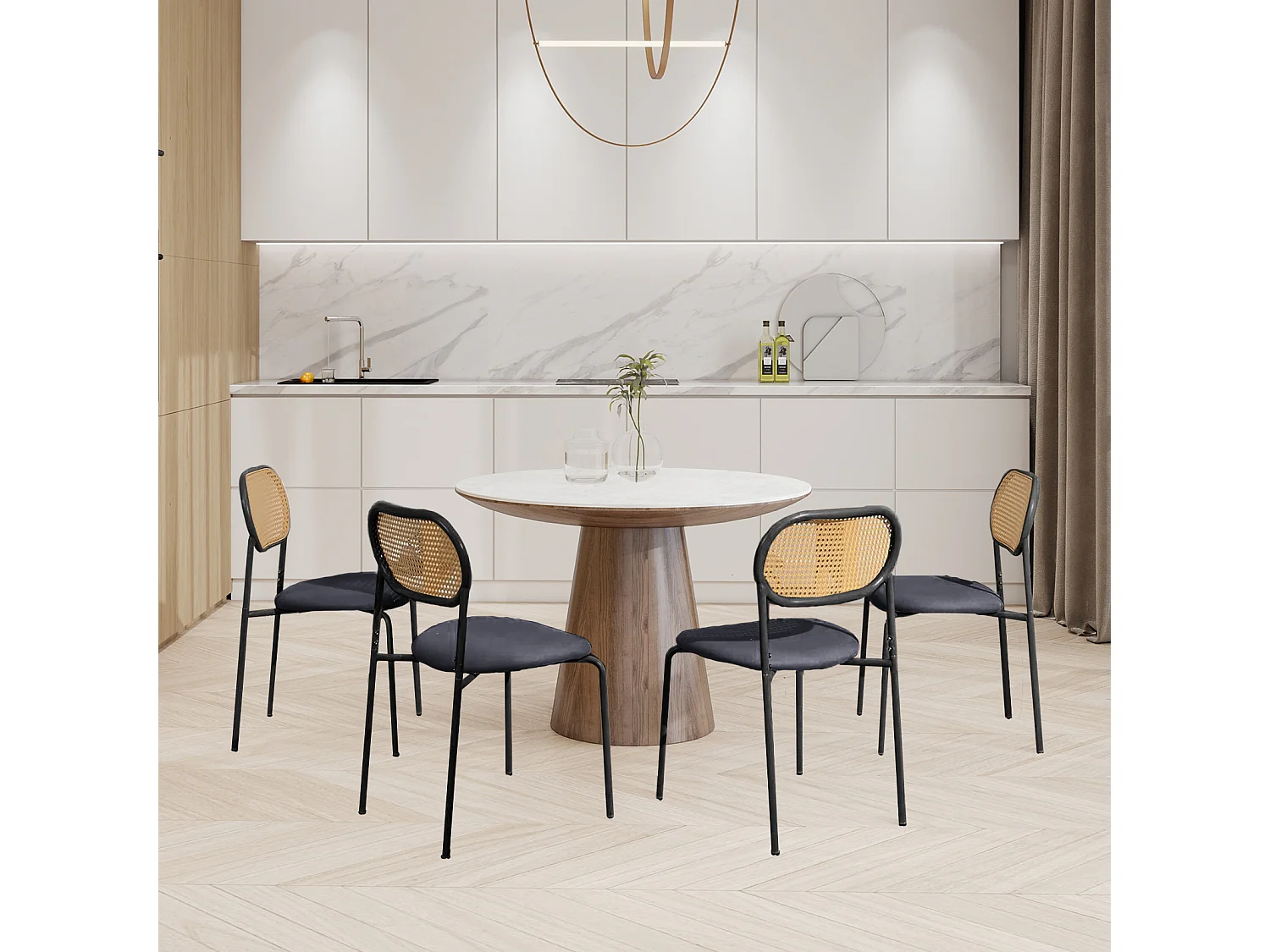 Set van 2 zwarte eetkamerstoelen van rotan en natuurlijk hout, zwart metalen frame met gewatteerde zitting