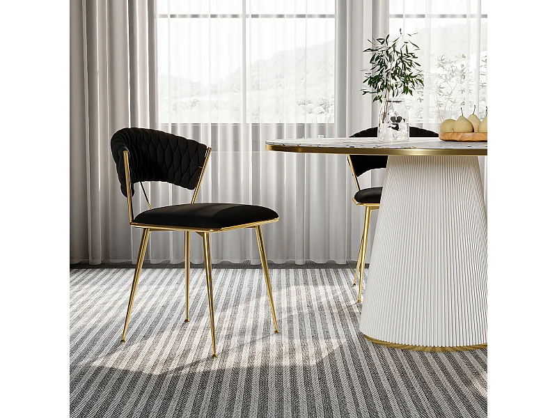 Set di 2 sedie da pranzo in velluto intrecciato nero con gambe in metallo dorato, design moderno ed elegante