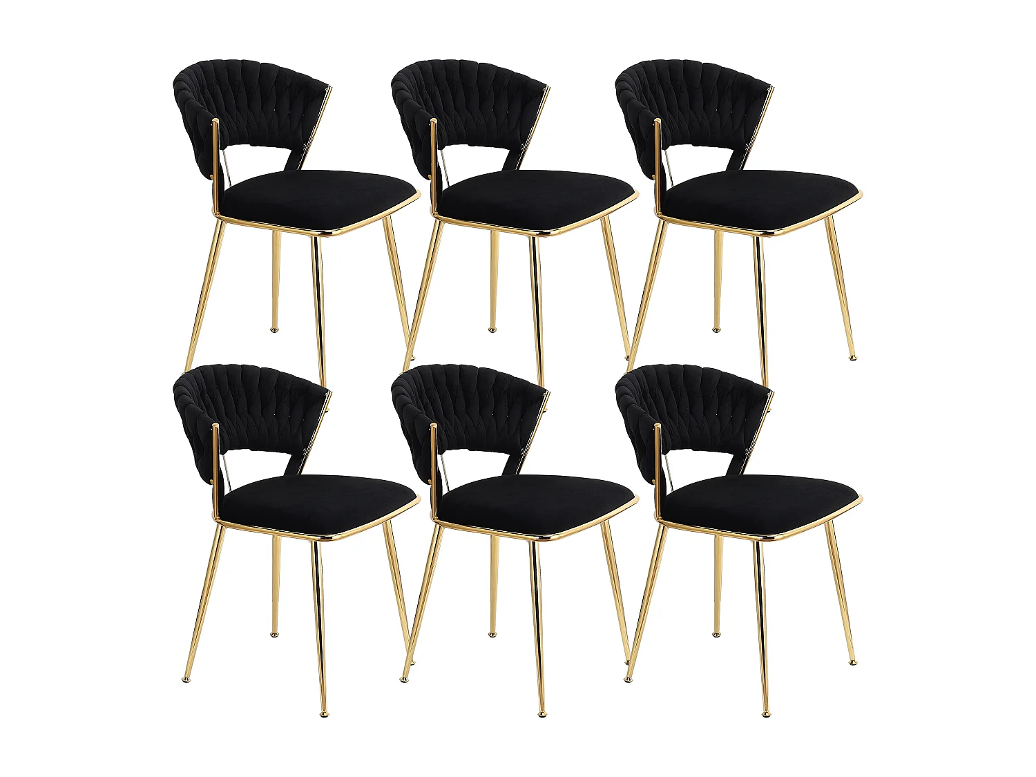 Lot de 2 chaises de salle à manger en velours noir tressé avec pieds dorés en métal, design moderne et élégant