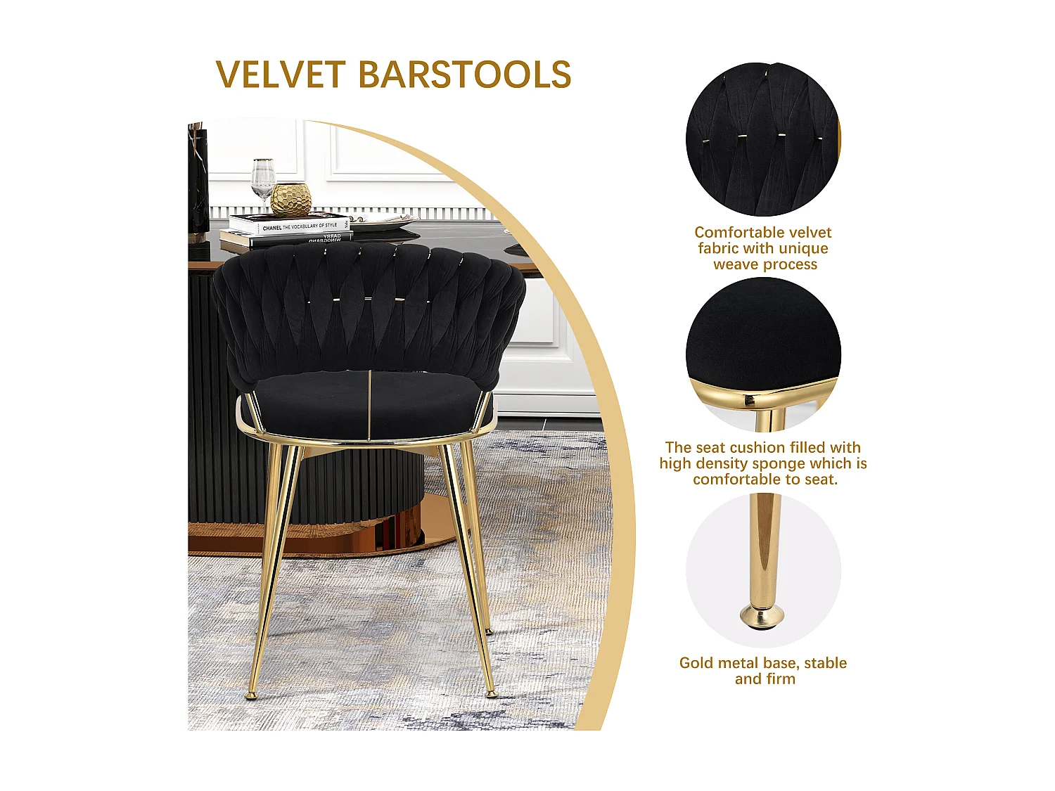 Lot de 2 chaises de salle à manger en velours noir tressé avec pieds dorés en métal, design moderne et élégant