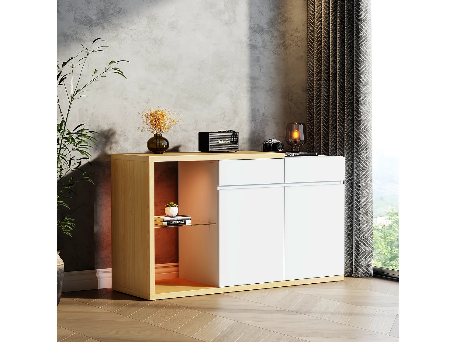 Aparador de comedor LED 2 puertas 2 cajones - mueble de almacenaje de madera - blanco (120x40x70 cm)