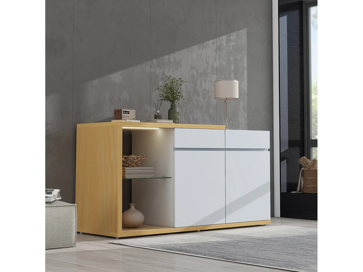 Aparador de comedor LED 2 puertas 2 cajones - mueble de almacenaje de madera - blanco (120x40x70 cm)