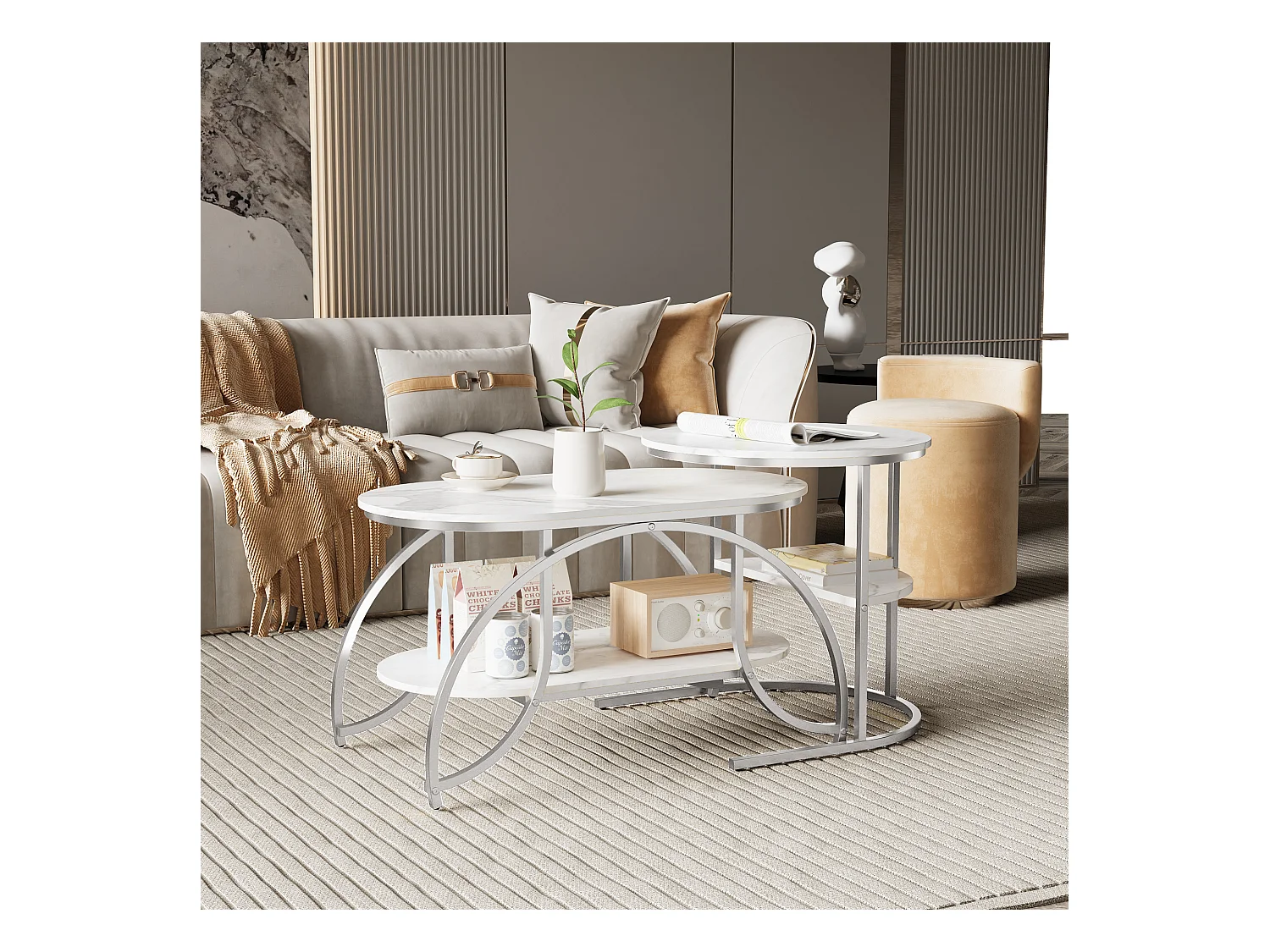 Petite table basse minimaliste moderne - table basse de salon en marbre blanc / table d'appoint de canapé / table d'exposition, facile à assembler, gain de place