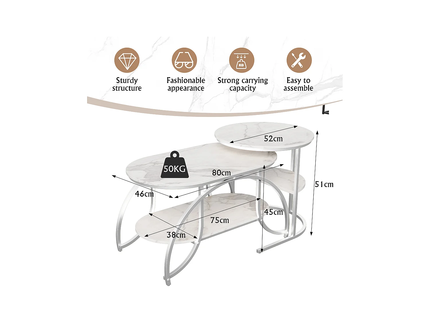 Petite table basse minimaliste moderne - table basse de salon en marbre blanc / table d'appoint de canapé / table d'exposition, facile à assembler, gain de place