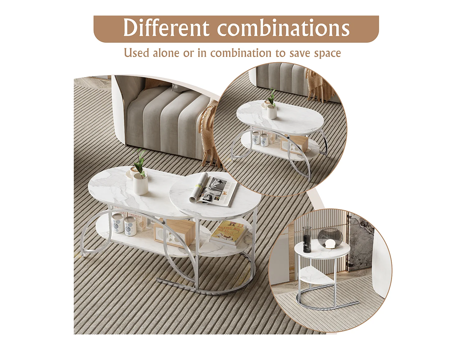 Petite table basse minimaliste moderne - table basse de salon en marbre blanc / table d'appoint de canapé / table d'exposition, facile à assembler, gain de place