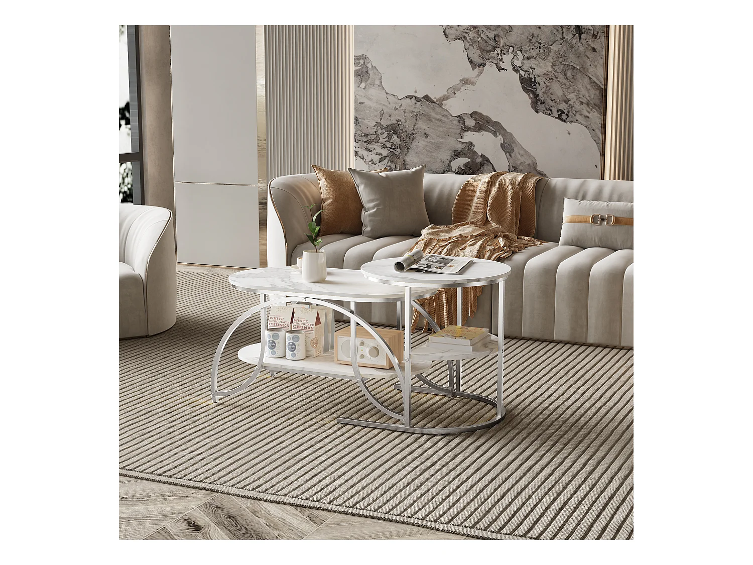 Petite table basse minimaliste moderne - table basse de salon en marbre blanc / table d'appoint de canapé / table d'exposition, facile à assembler, gain de place