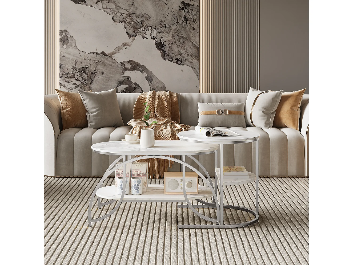 Moderne minimalistische kleine salontafel - Witte marmeren salontafel / salontafel / salontafel, eenvoudig te monteren, ruimtebesparend