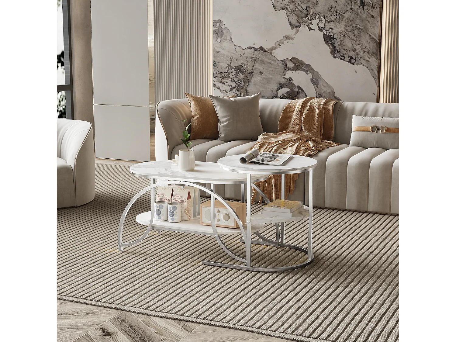 Petite table basse minimaliste moderne - table basse de salon en marbre blanc / table d'appoint de canapé / table d'exposition, facile à assembler, gain de place