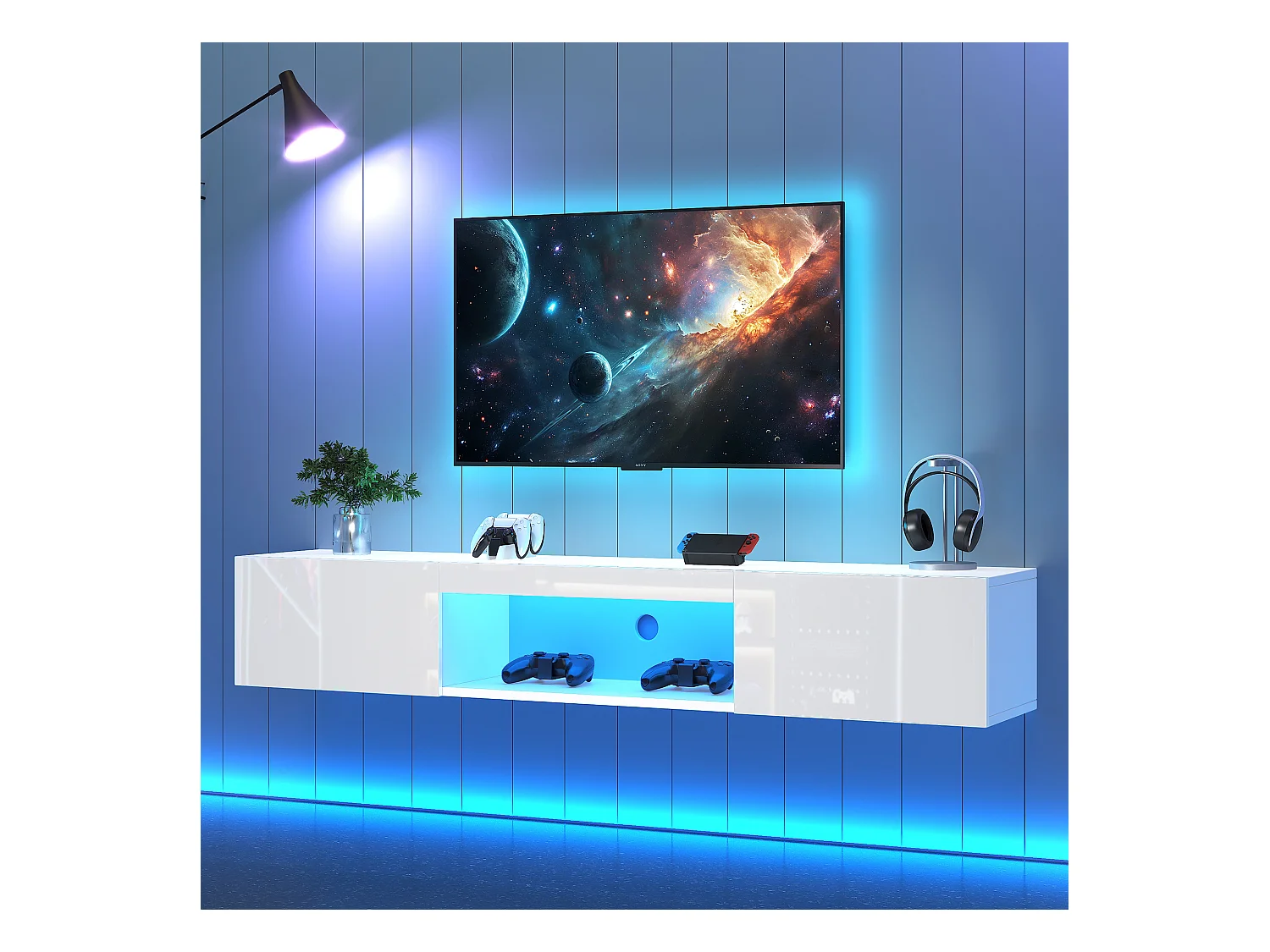 Meuble TV suspendu LED salon avec 2 portes et rangement ouvert en bois - blanc (160x31x22 cm)