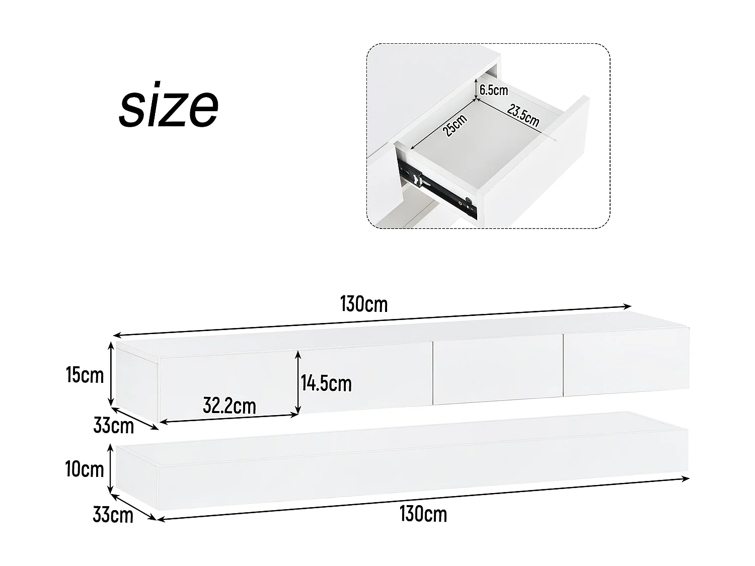 LED TV-meubel voor woonkamer met 2 kasten en 4 lades en open opbergruimte - hout - wit (130x33x15 cm)