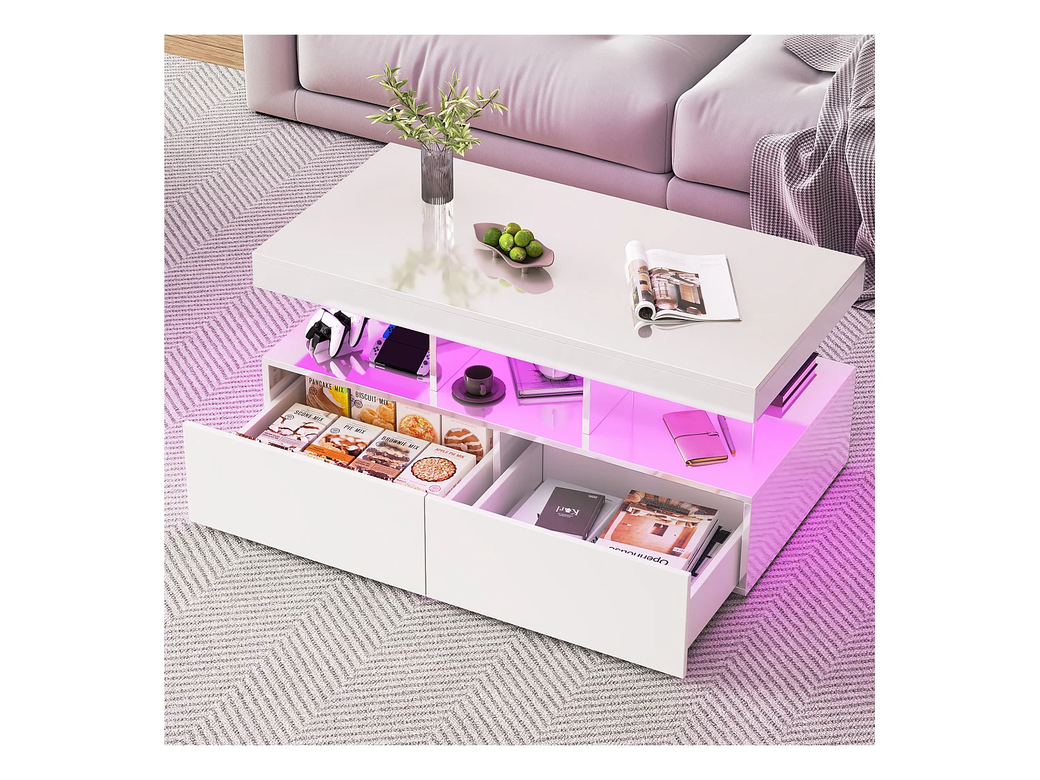 Table basse LED RGB intelligente - avec deux tiroirs, variateur d'intensité contrôlé par application,  finition brillante et imperméable, compatible avec la musique