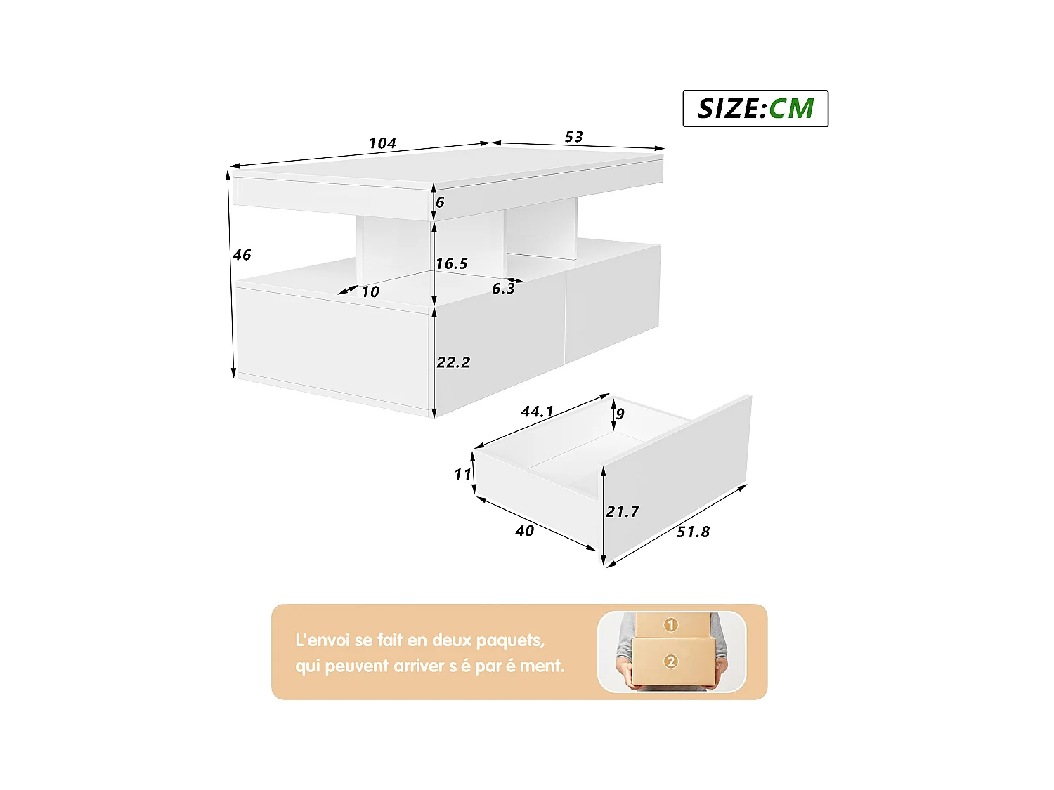 Table basse LED RGB intelligente - avec deux tiroirs, variateur d'intensité contrôlé par application,  finition brillante et imperméable, compatible avec la musique