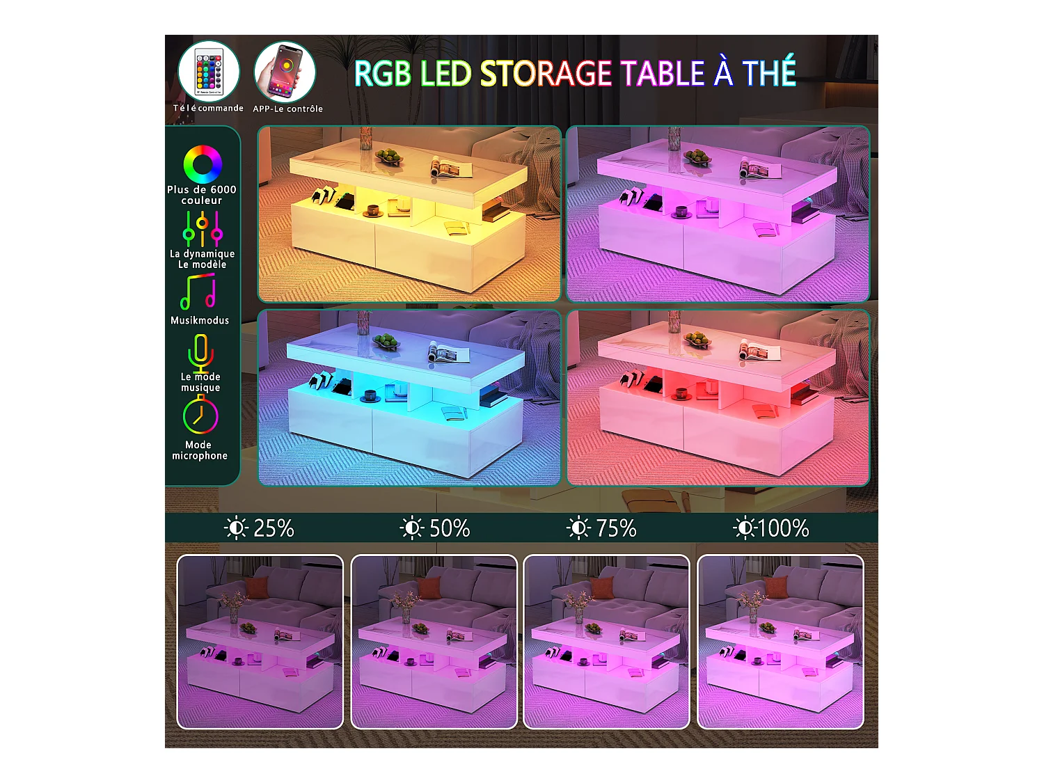 Table basse LED RGB intelligente - avec deux tiroirs, variateur d'intensité contrôlé par application,  finition brillante et imperméable, compatible avec la musique