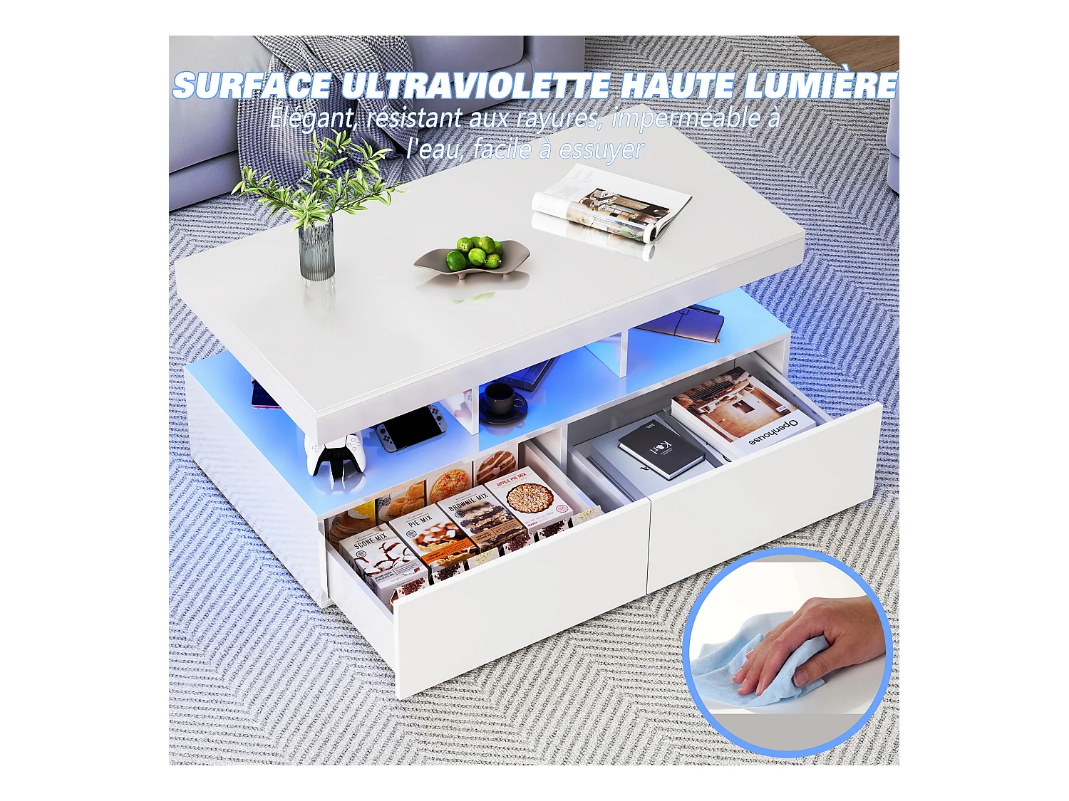 Table basse LED RGB intelligente - avec deux tiroirs, variateur d'intensité contrôlé par application,  finition brillante et imperméable, compatible avec la musique