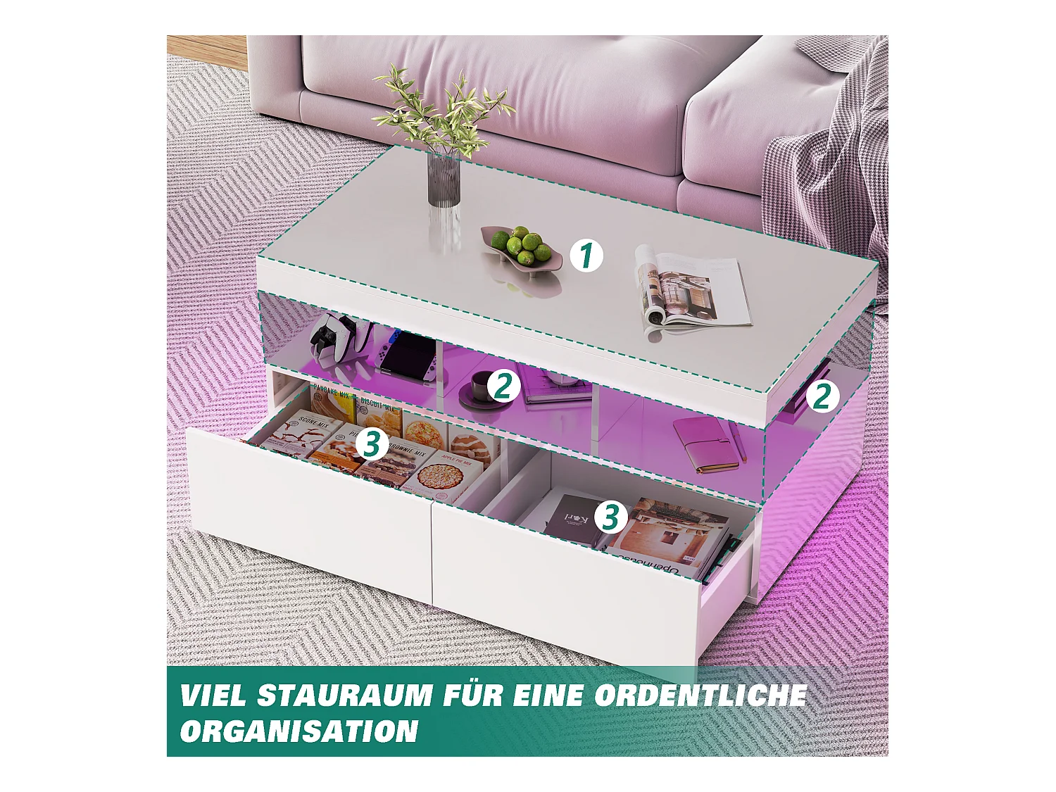 Table basse LED RGB intelligente - avec deux tiroirs, variateur d'intensité contrôlé par application,  finition brillante et imperméable, compatible avec la musique