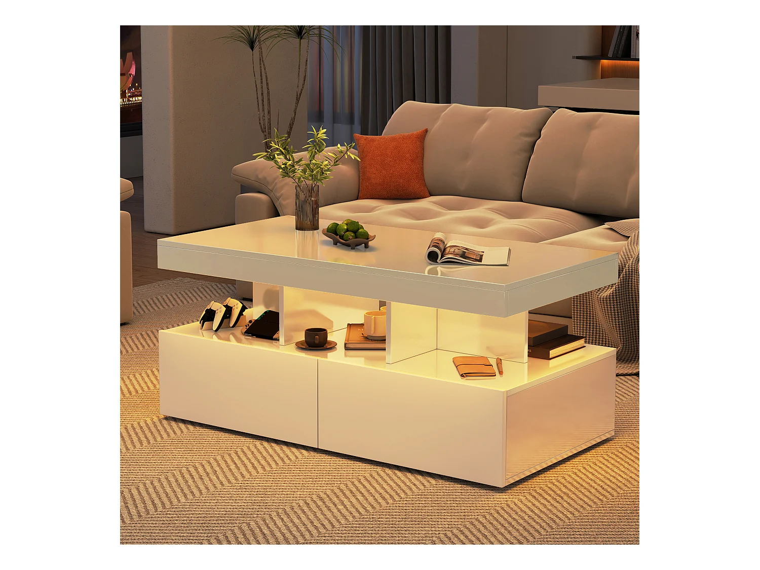 Table basse LED RGB intelligente - avec deux tiroirs, variateur d'intensité contrôlé par application,  finition brillante et imperméable, compatible avec la musique