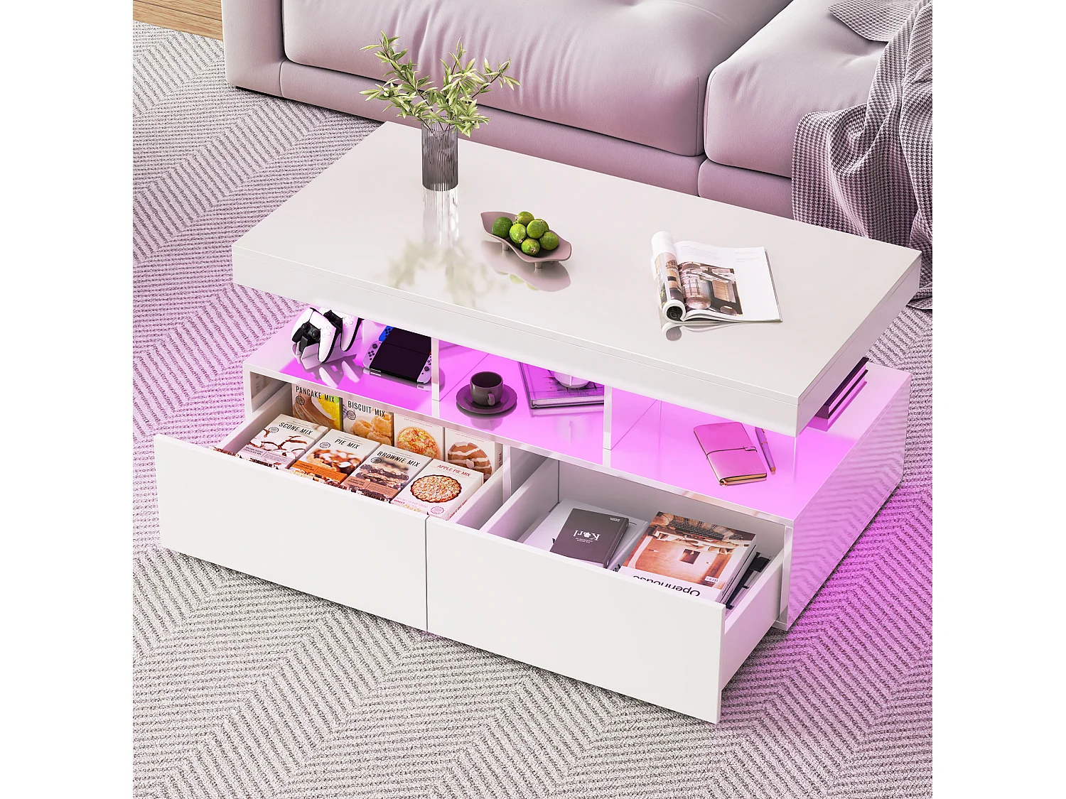 Table basse LED RGB intelligente - avec deux tiroirs, variateur d'intensité contrôlé par application,  finition brillante et imperméable, compatible avec la musique