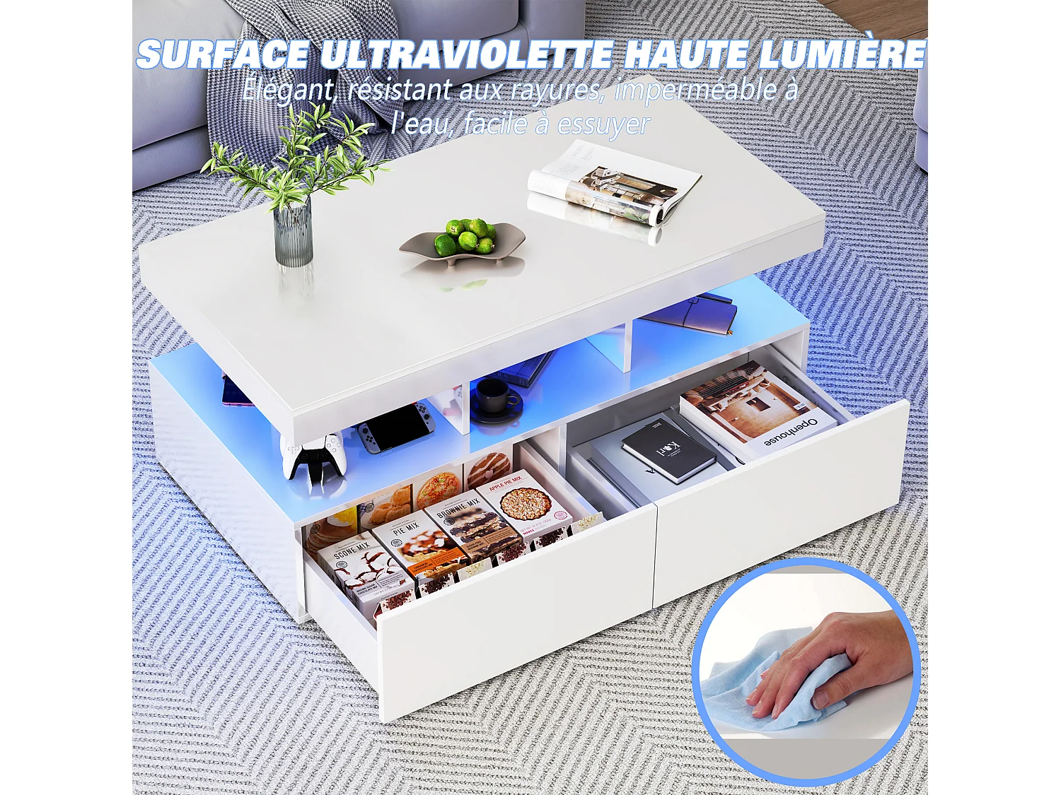 Table basse LED RGB intelligente - avec deux tiroirs, variateur d'intensité contrôlé par application,  finition brillante et imperméable, compatible avec la musique