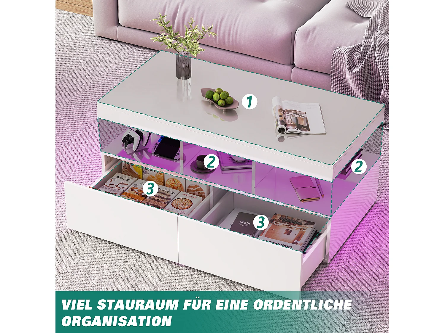 Table basse LED RGB intelligente - avec deux tiroirs, variateur d'intensité contrôlé par application,  finition brillante et imperméable, compatible avec la musique