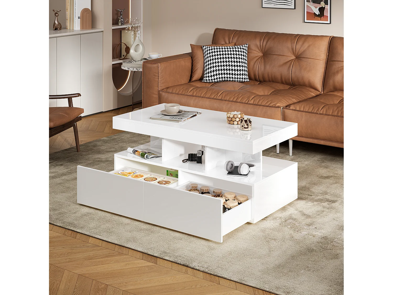 Table basse LED RGB intelligente - avec deux tiroirs, variateur d'intensité contrôlé par application,  finition brillante et imperméable, compatible avec la musique