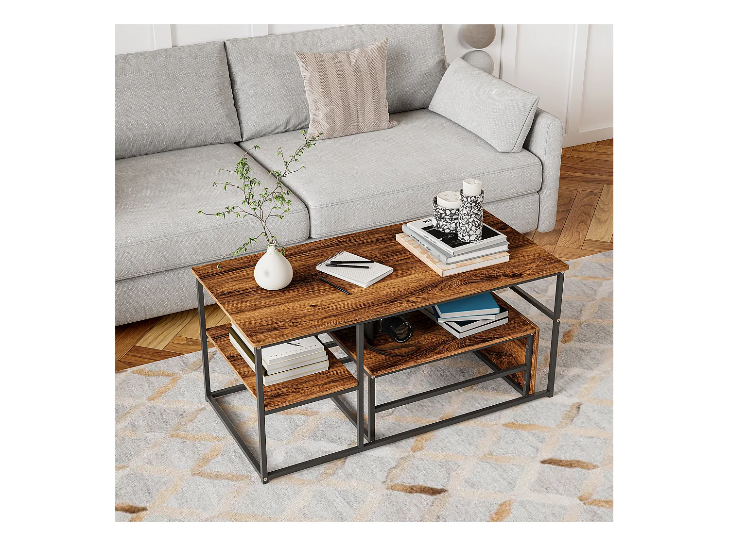 Table basse de rangement moderne à double couche - conception d'angle arrondie anti-collision, grand plateau de table de 105 cm avec étagères de rangement ouvertes