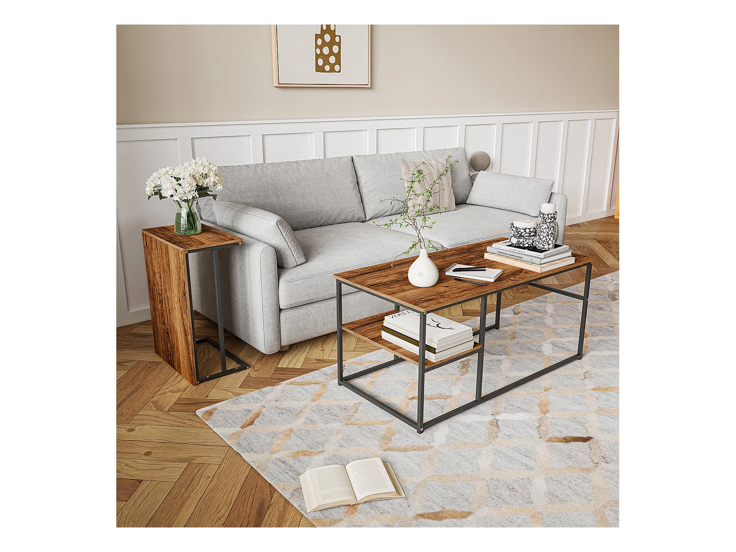 Table basse de rangement moderne à double couche - conception d'angle arrondie anti-collision, grand plateau de table de 105 cm avec étagères de rangement ouvertes